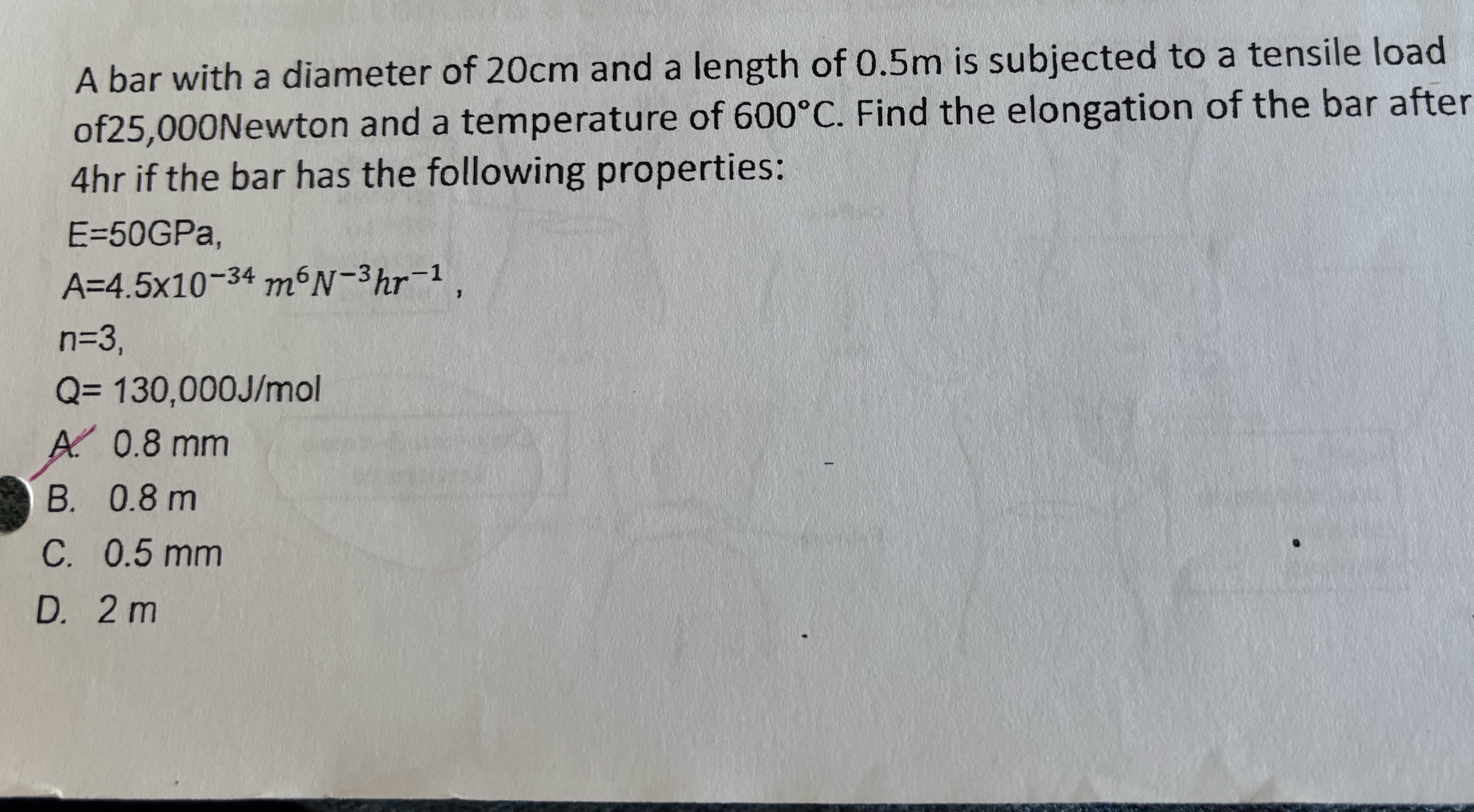 A bar with a diameter of 2 0 cm and a length of 0