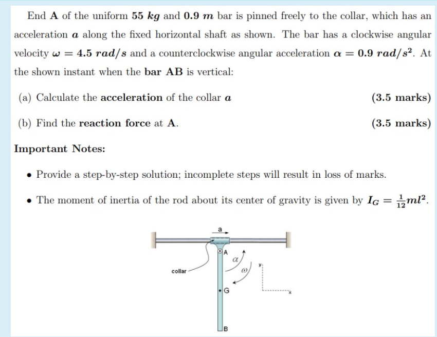 End A of the uniform 5 5 kg and 0 . 9 m bar is