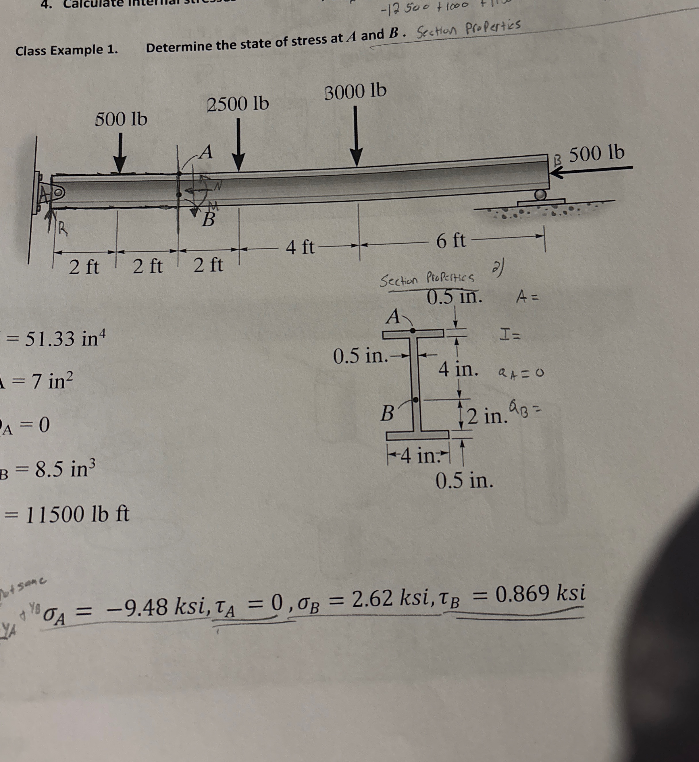 Class Example 1 . Determine the state of stress