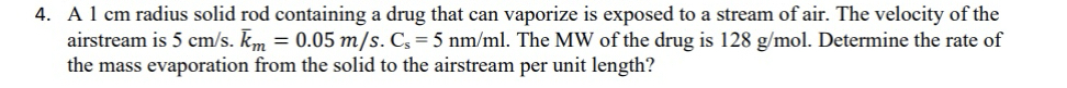 A 1 cm radius solid rod containing a drug that
