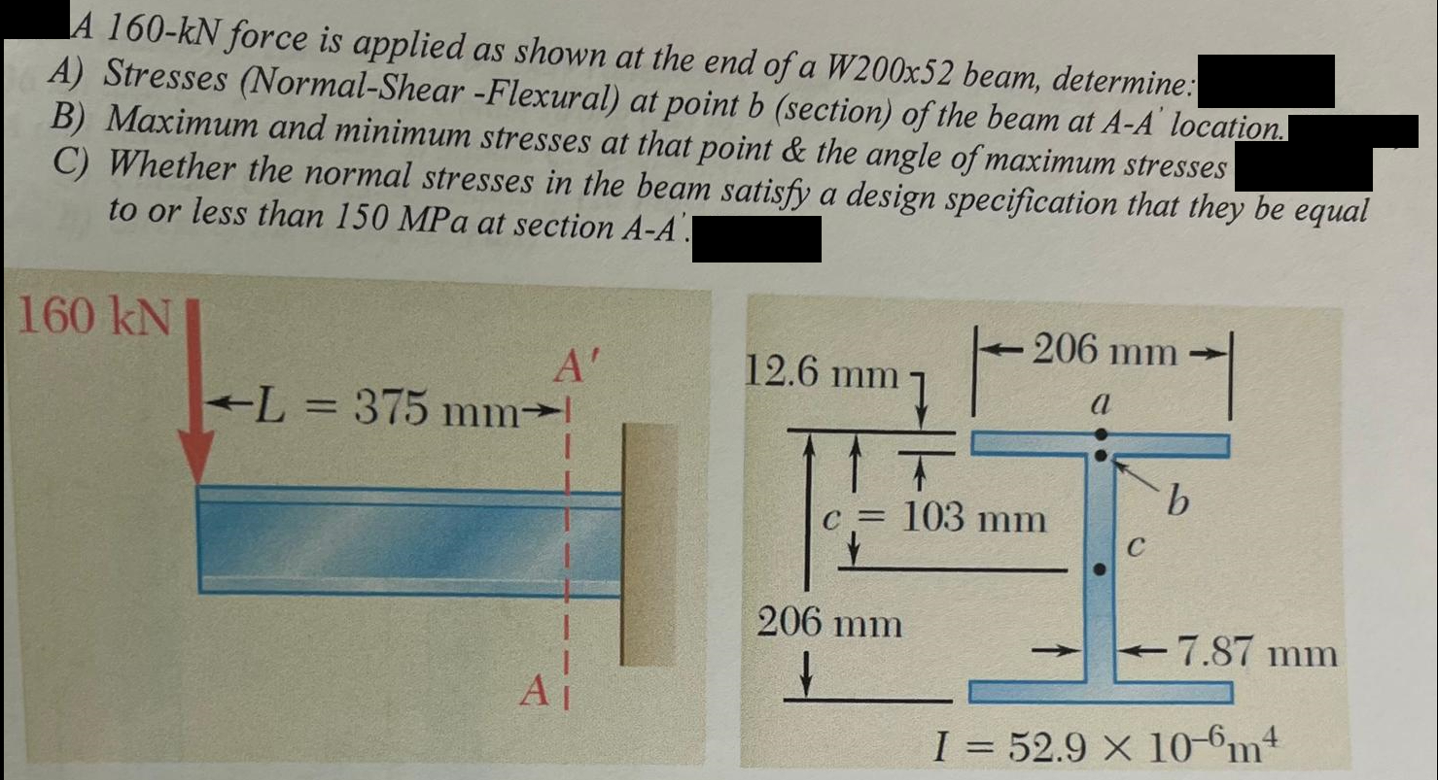 A 1 6 0 - kN force is applied as shown at the end