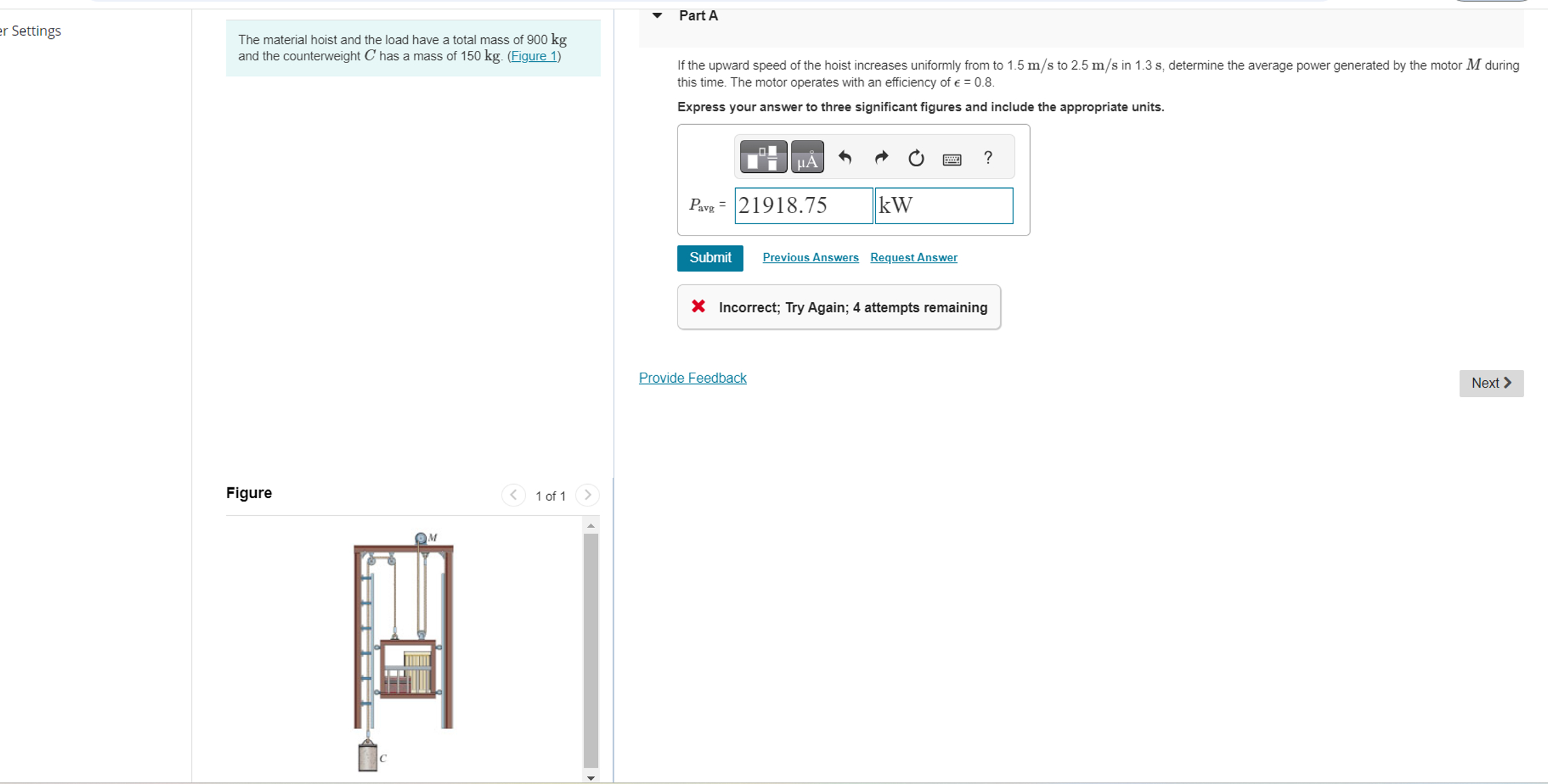 The material hoist and the load have a total mass