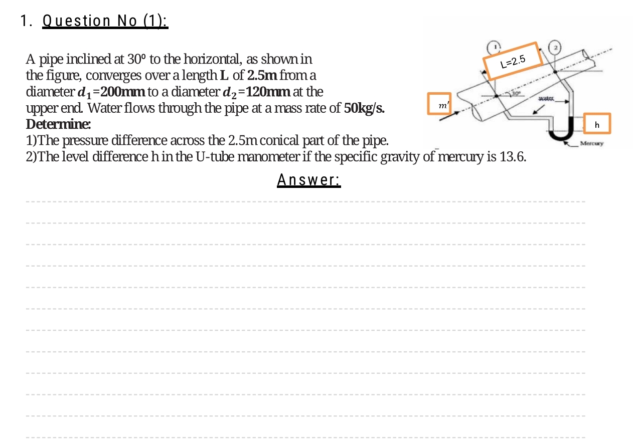 Question No ( 1 ) : A pipe inclined at 3 0 to the