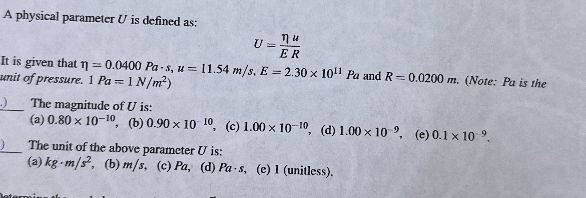 A physical parameter U is defined as: U = u E R