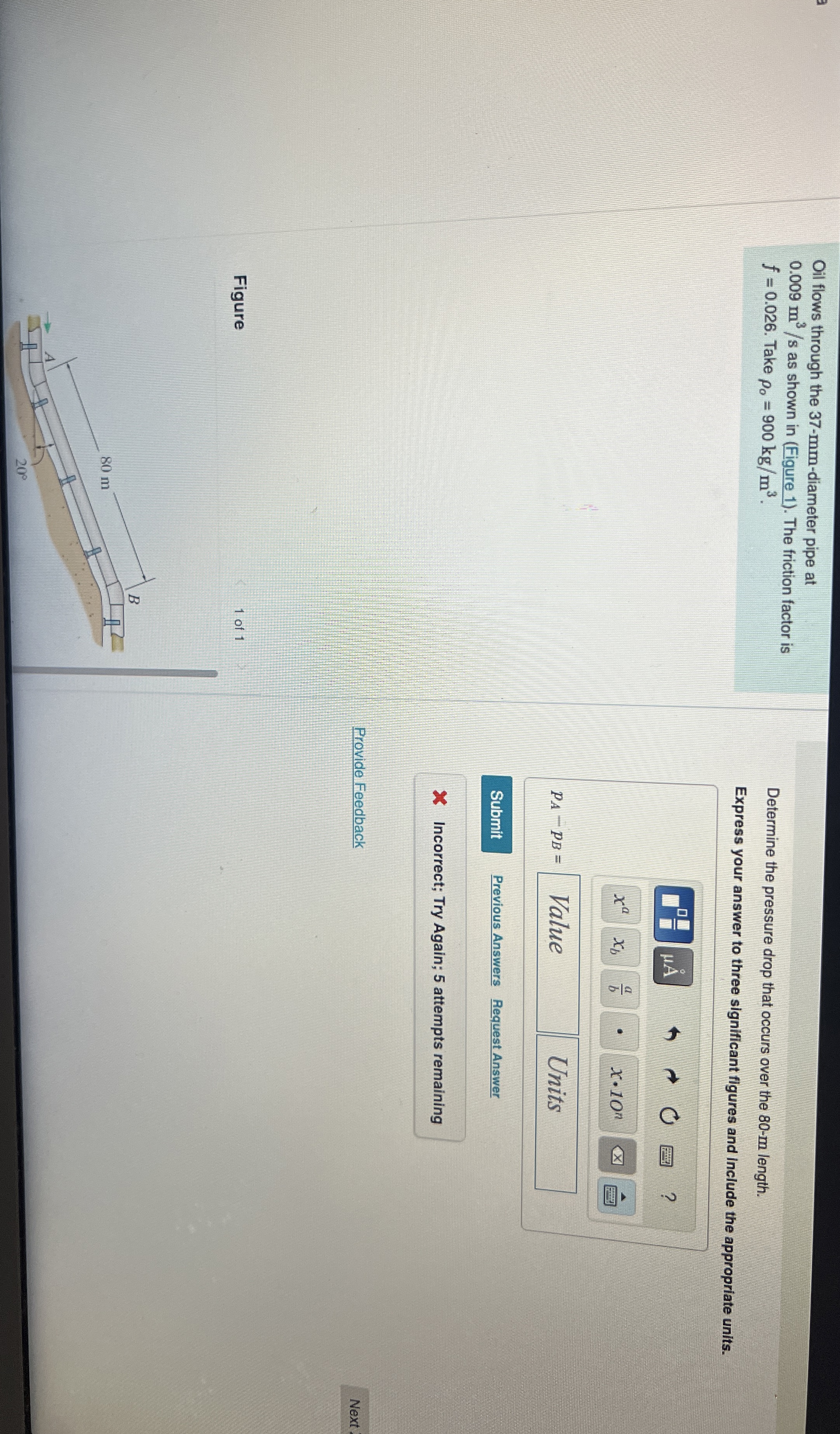 Oil flows through the 3 7 - mm - diameter pipe at