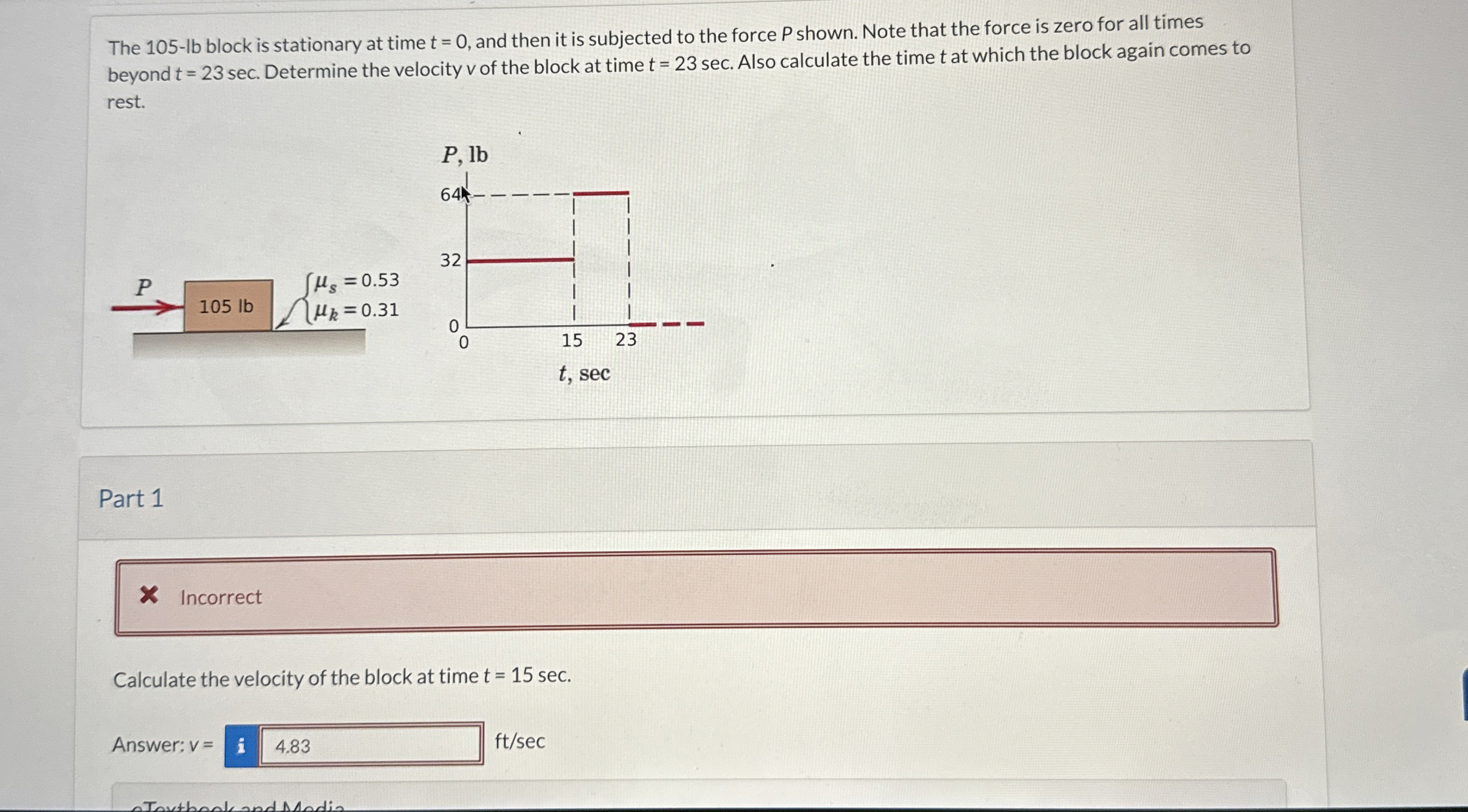 The 1 0 5 - l b block is stationary at time t = 0