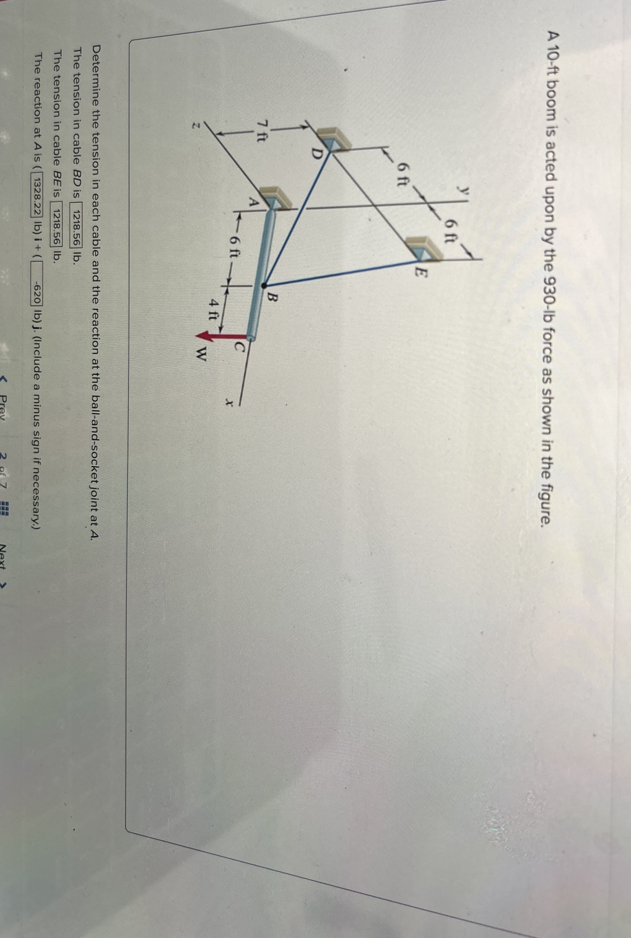A 1 0 - ft boom is acted upon by the 9 3 0 - l b