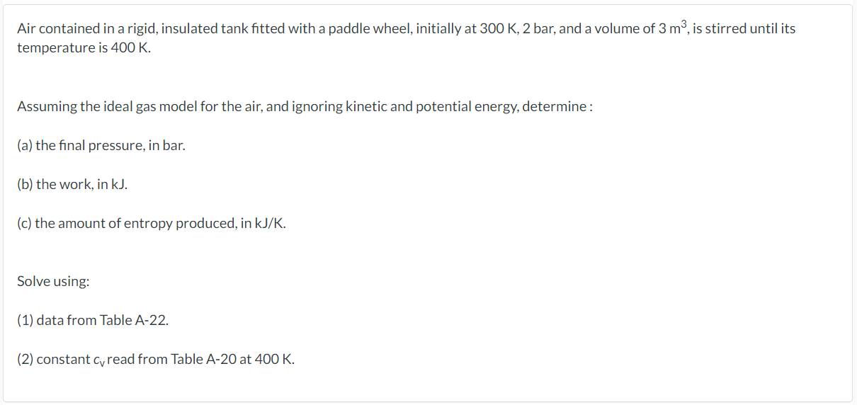 Air contained in a rigid, insulated tank fitted