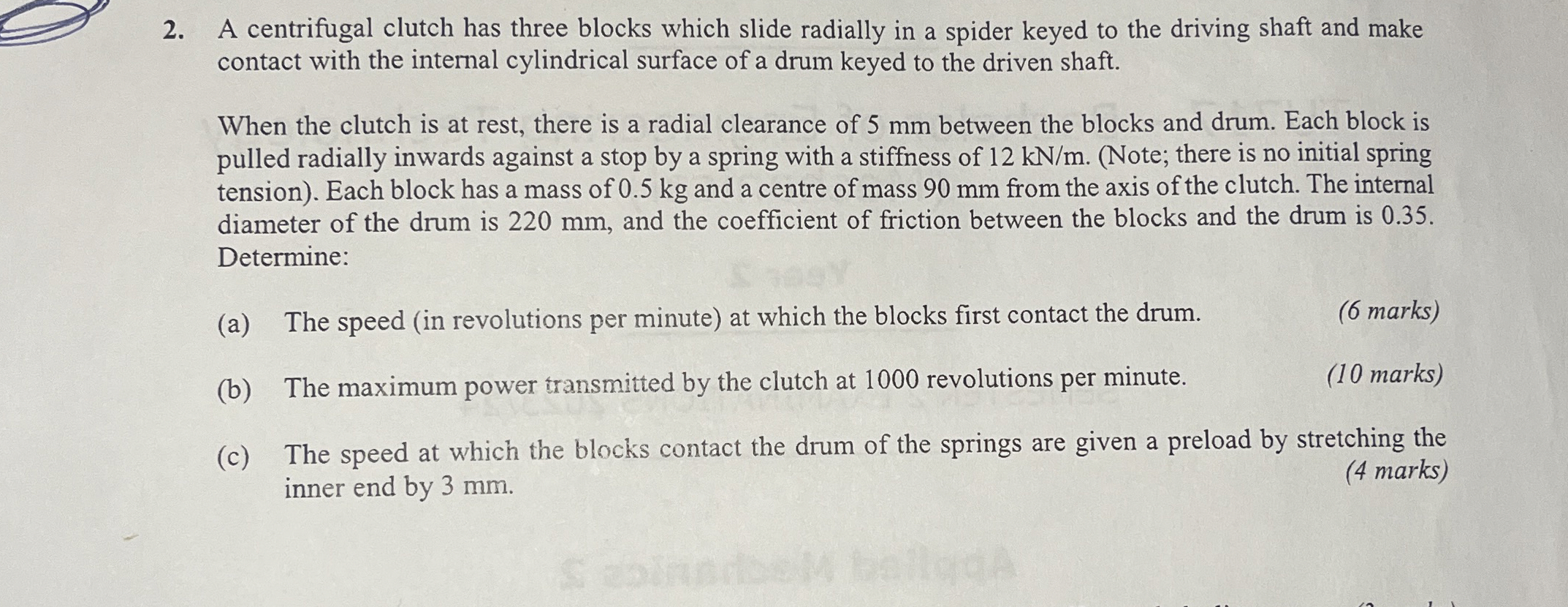 A centrifugal clutch has three blocks which slide