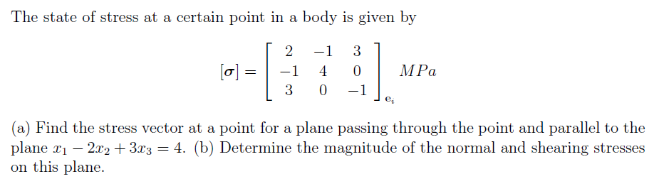 The state of stress at a certain point in a body