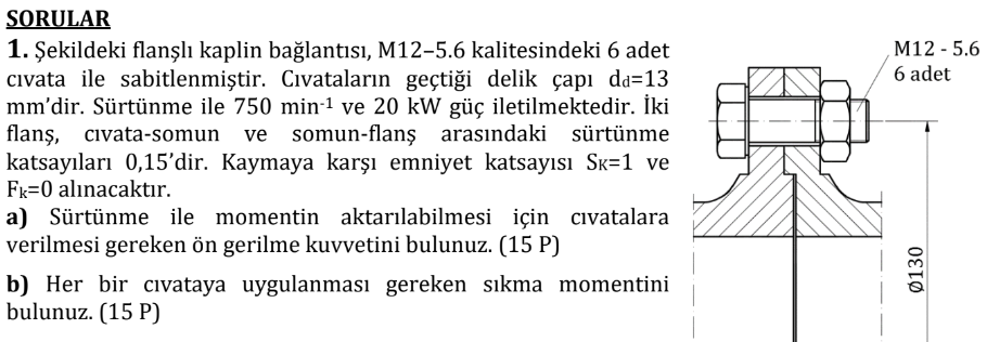 SORULAR ekildeki flan l kaplin ba lant s , M 1 2