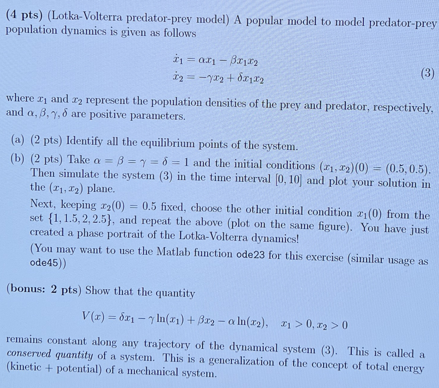 ( 4 pts ) ( Lotka - Volterra predator - prey