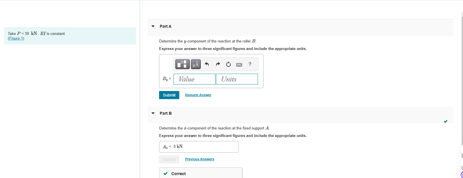 Part A Take \ ( P = 3 9 \ mathrm { kN } . E I \ )