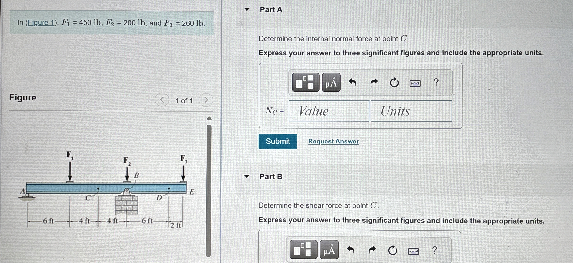 l n ( Figure 1 ) , F 1 = 4 5 0 l b , F 2 = 2 0 0