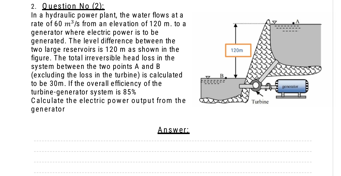 Question No ( 2 ) : In a hydraulic power plant,