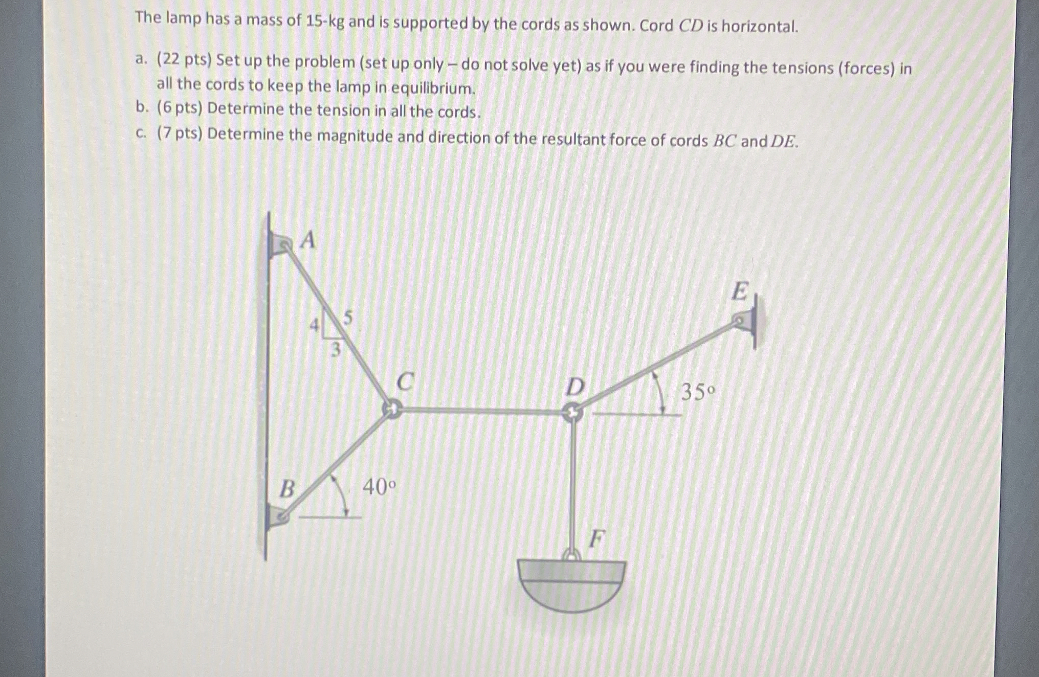The lamp has a mass of 1 5 - k g and is supported