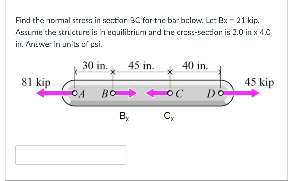 Find the normal stress in section B C for the bar