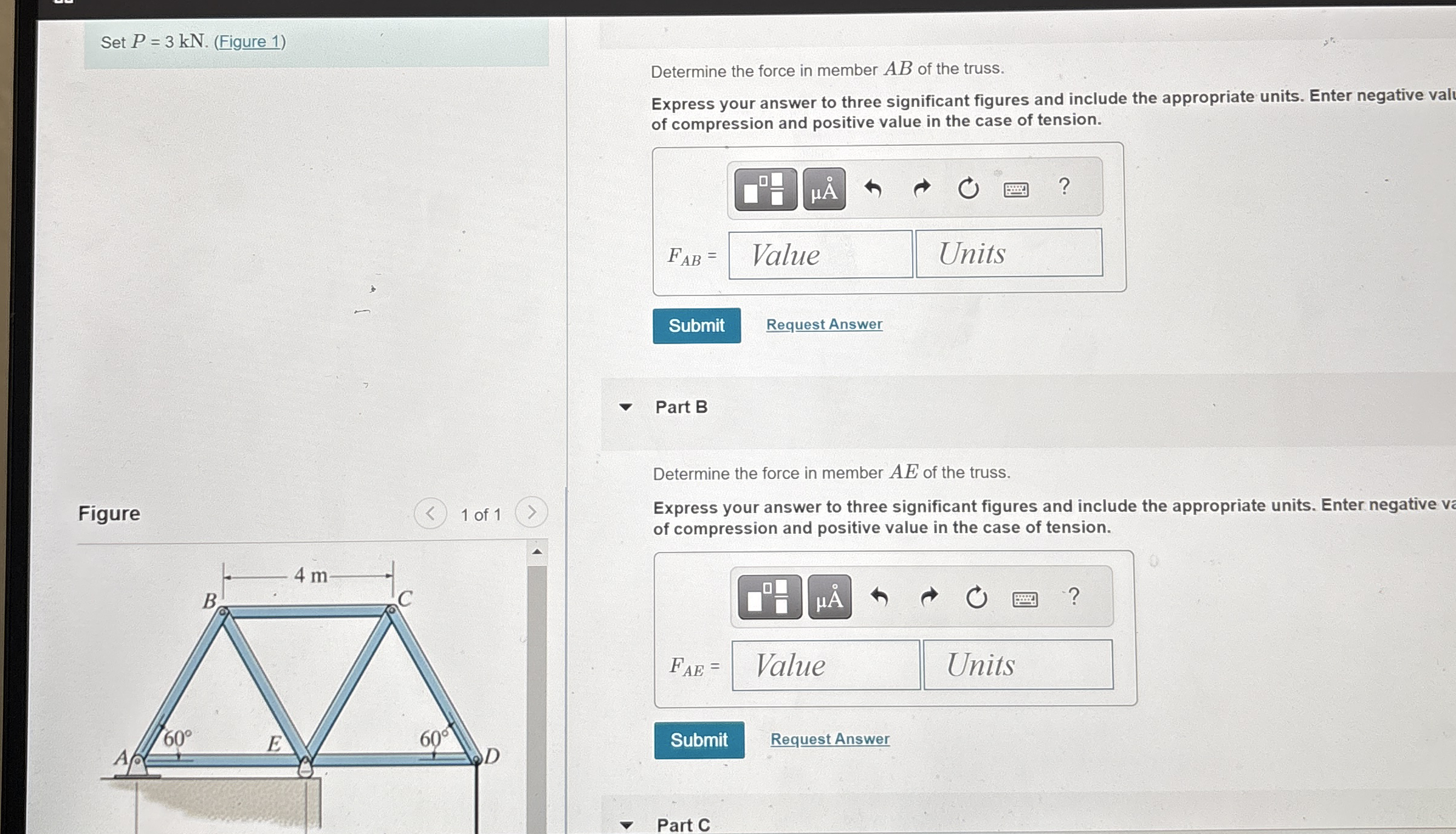 Set P = 3 k N . ( Figure 1 ) Determine the force