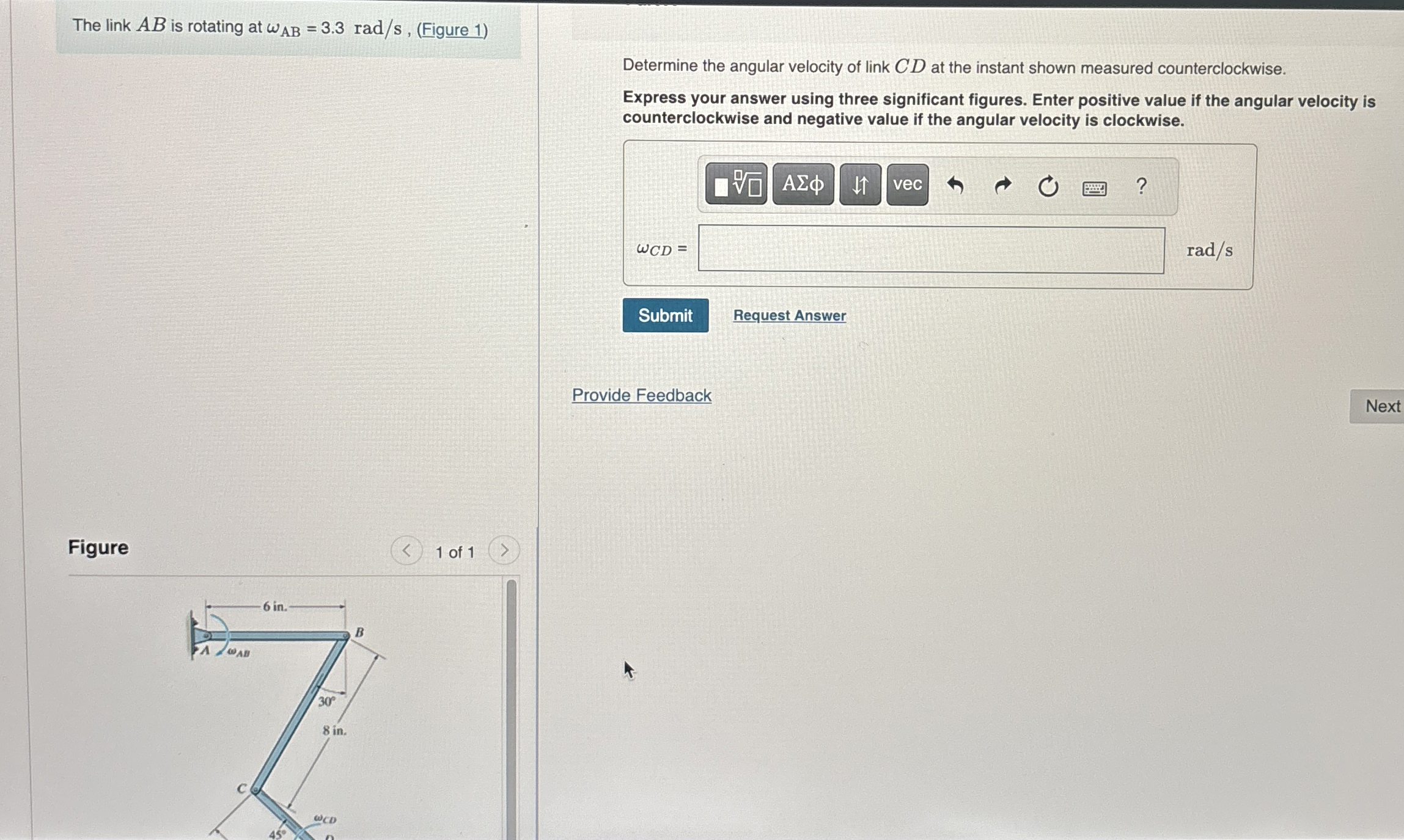The link A B is rotating at A B = 3 . 3 r a d s ,