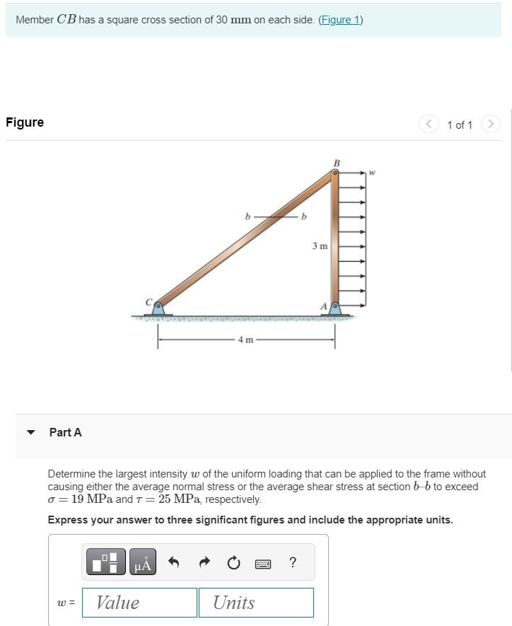 Member \ ( C B \ ) has a square cross section of