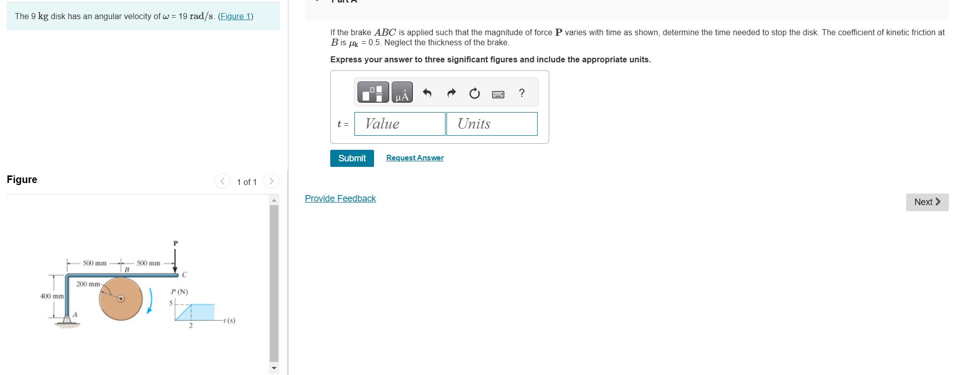 The 9 kg disk has an angular velocity of \ ( \