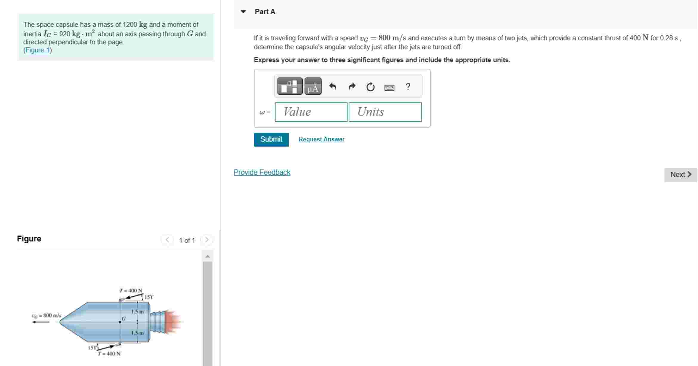 The space capsule has a mass of 1 2 0 0 kg and a