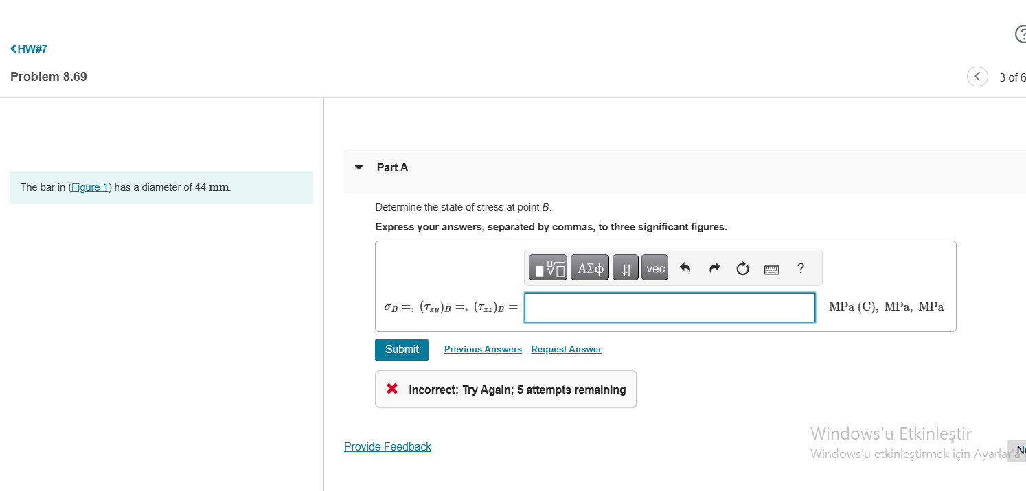 Part A Determine the state of stress at point \ (