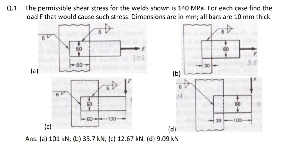 Q . 1 The permissible shear stress for the welds