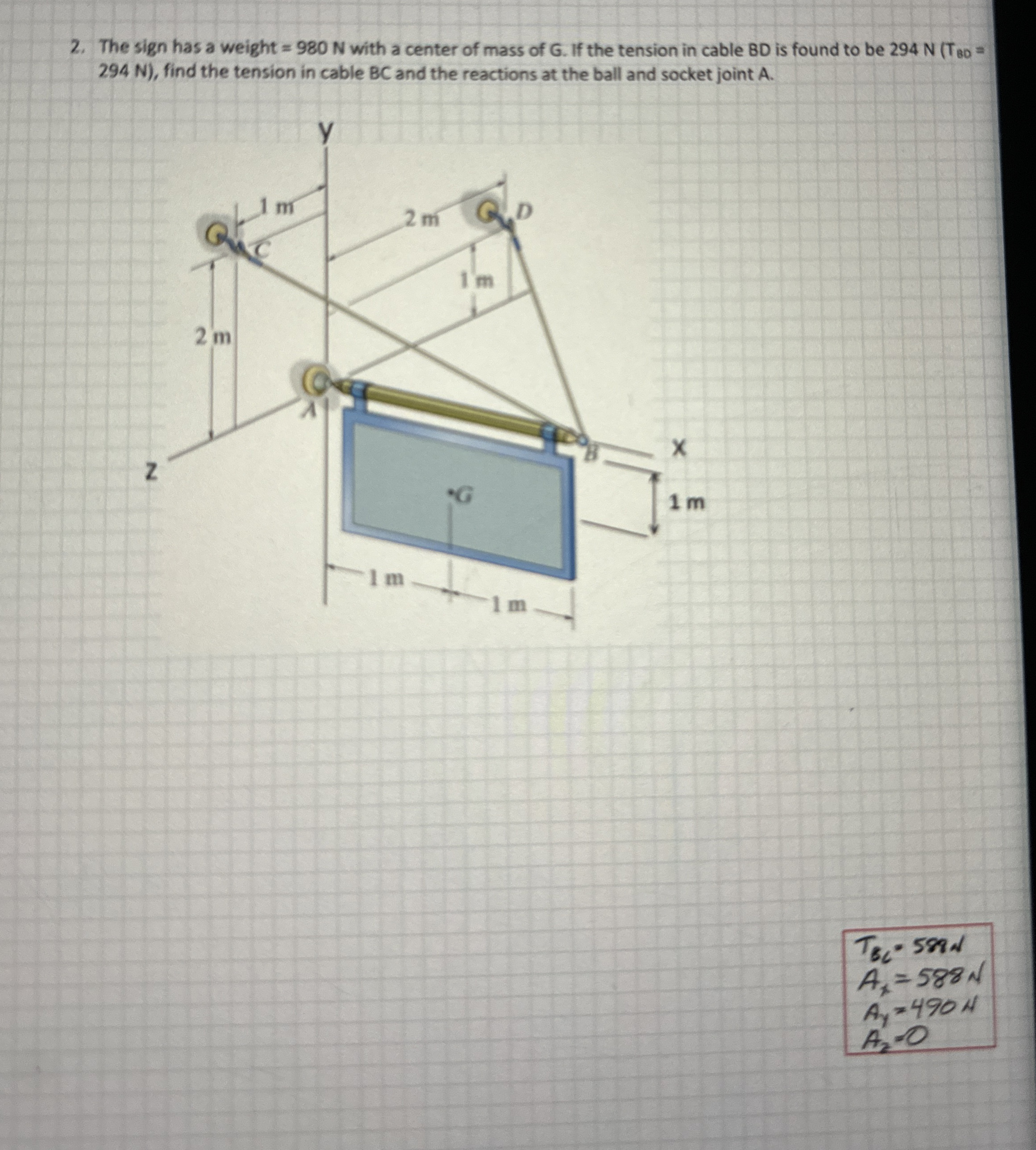 The sign has a weight = 9 8 0 N with a center of