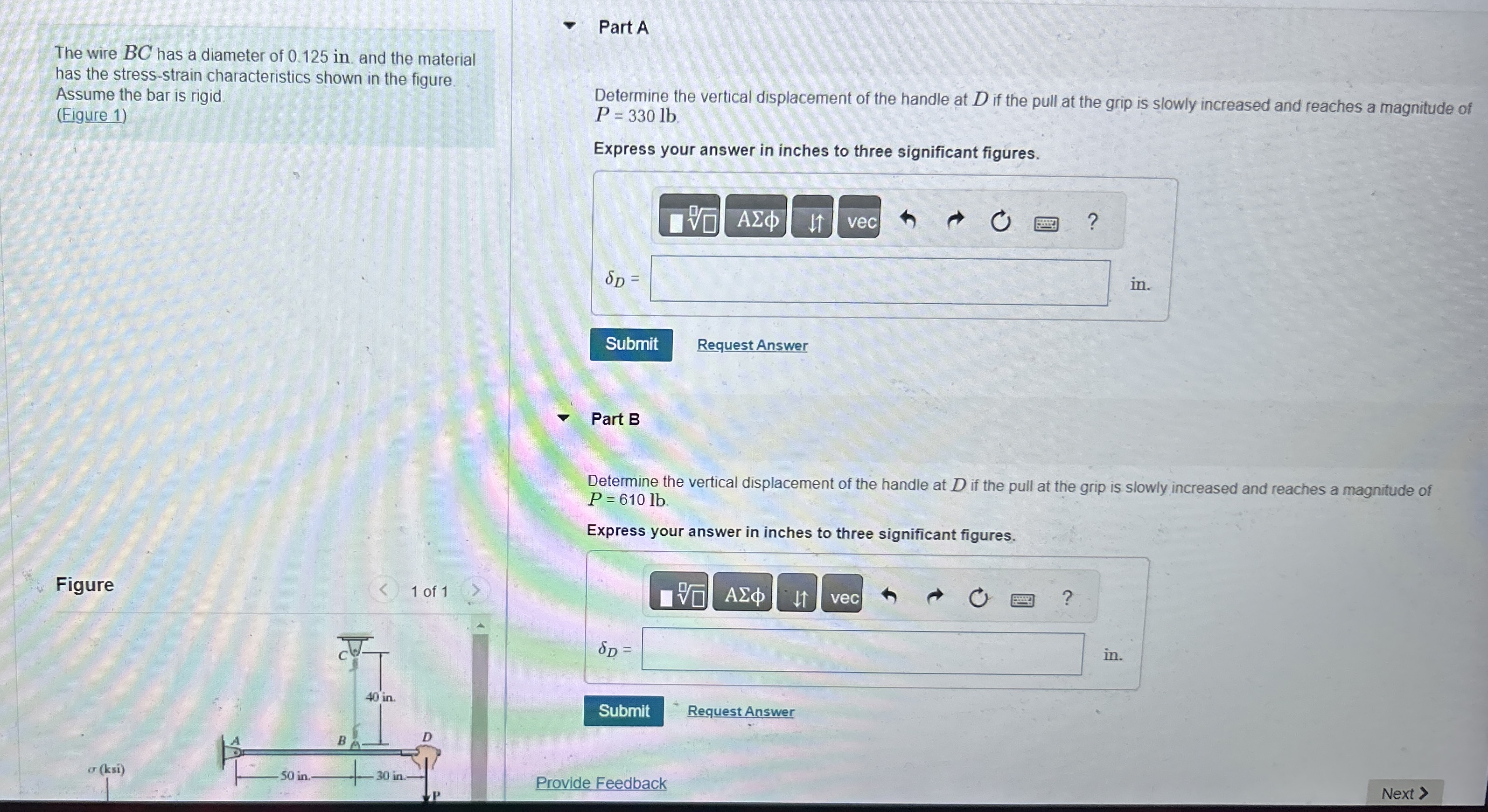 The wire B C has a diameter of 0 . 1 2 5 in . and