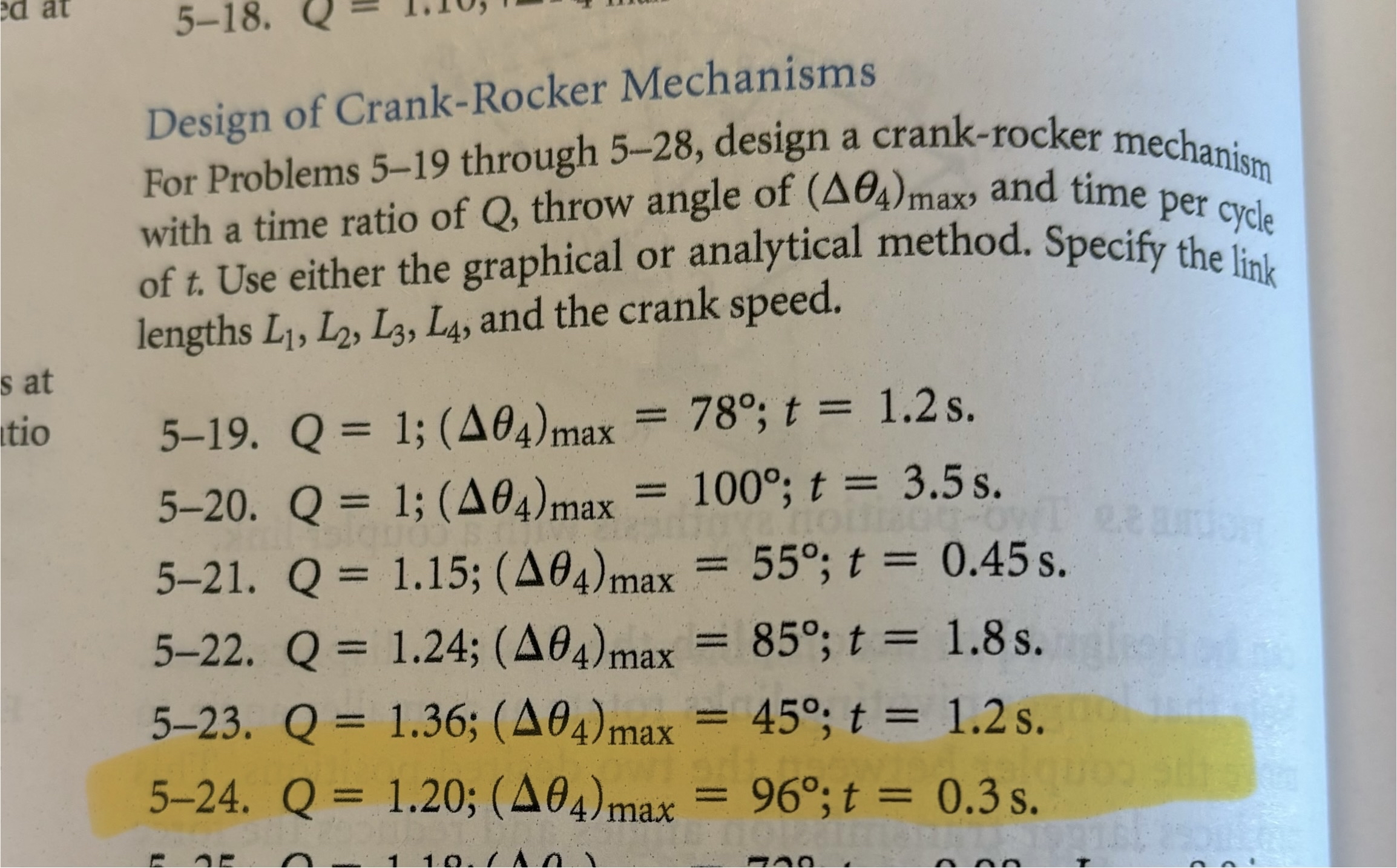 Design of Crank - Rocker Mechanisms For Problem 5