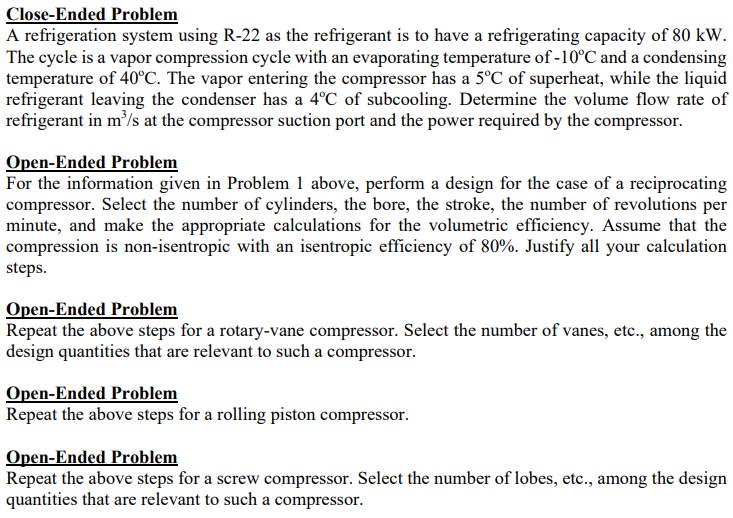 Close - Ended Problem A refrigeration system
