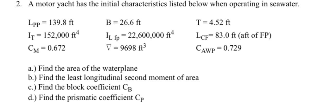 A motor yacht has the initial characteristics