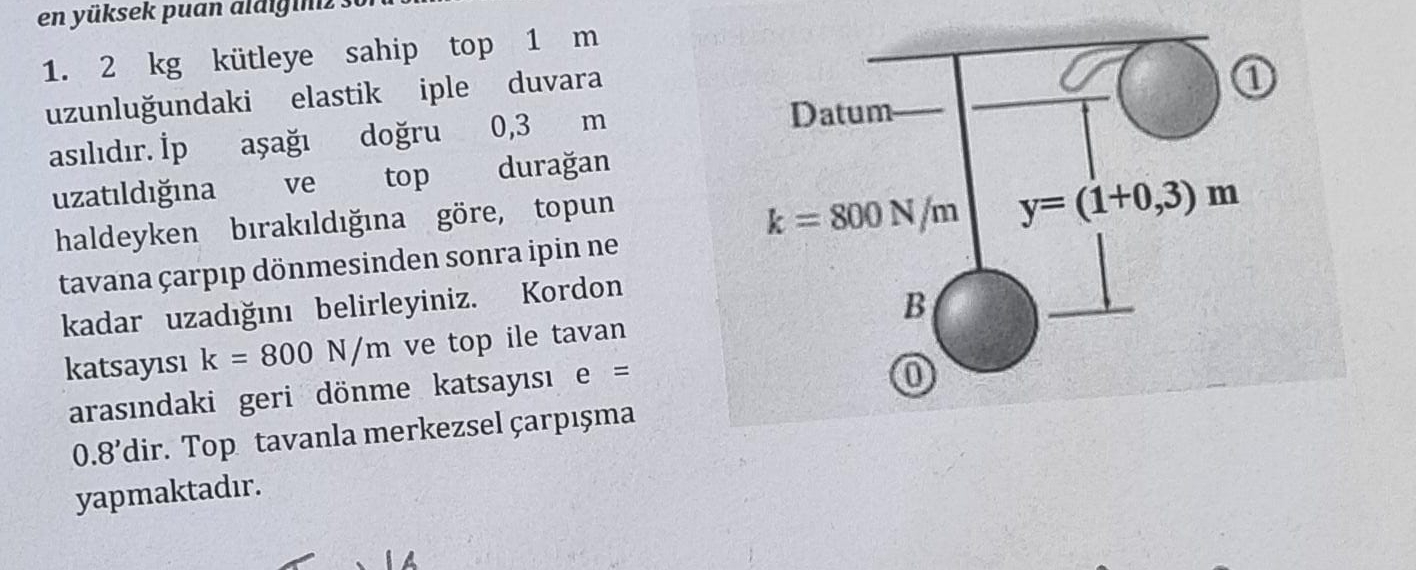 2 kg k tleye sahip top 1 m uzunlu undaki elastik