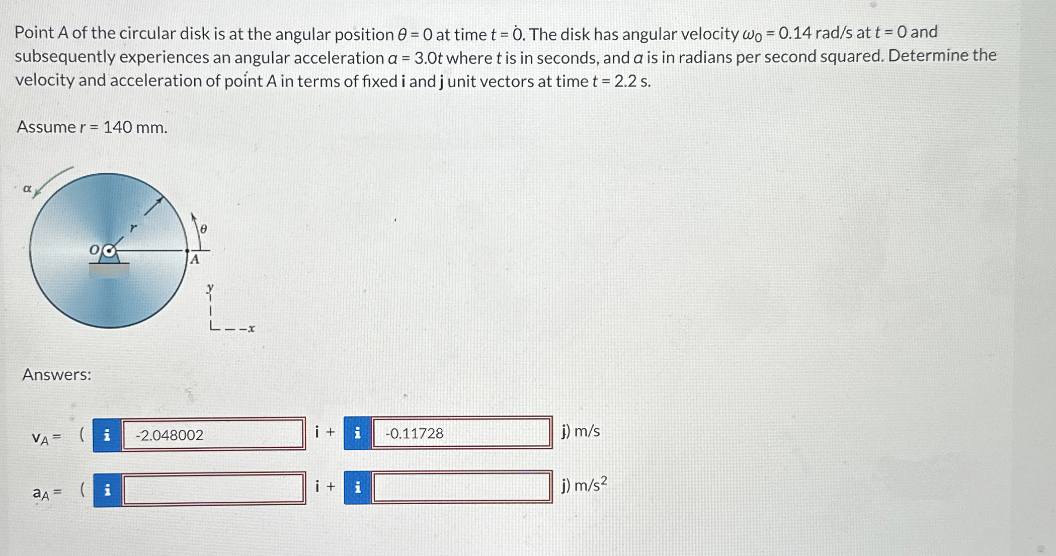 Point A of the circular disk is at the angular