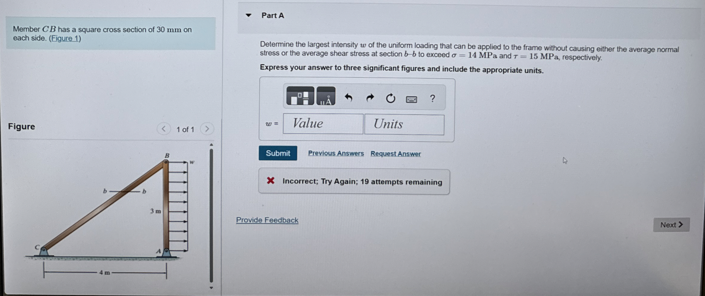 Member C B has a square cross section of 3 0 mm