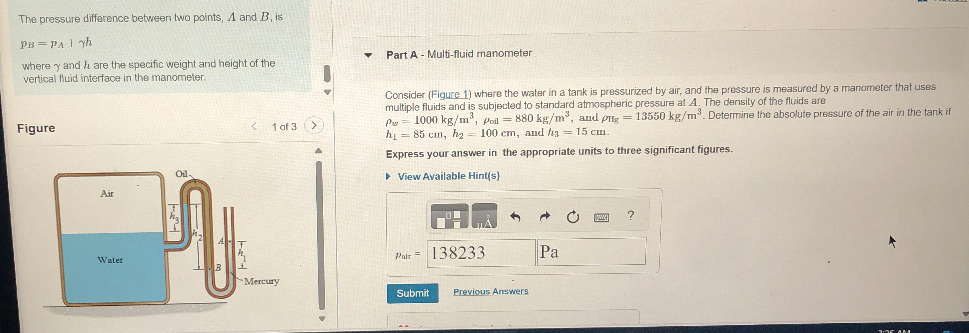 The pressure difference between two points, A and