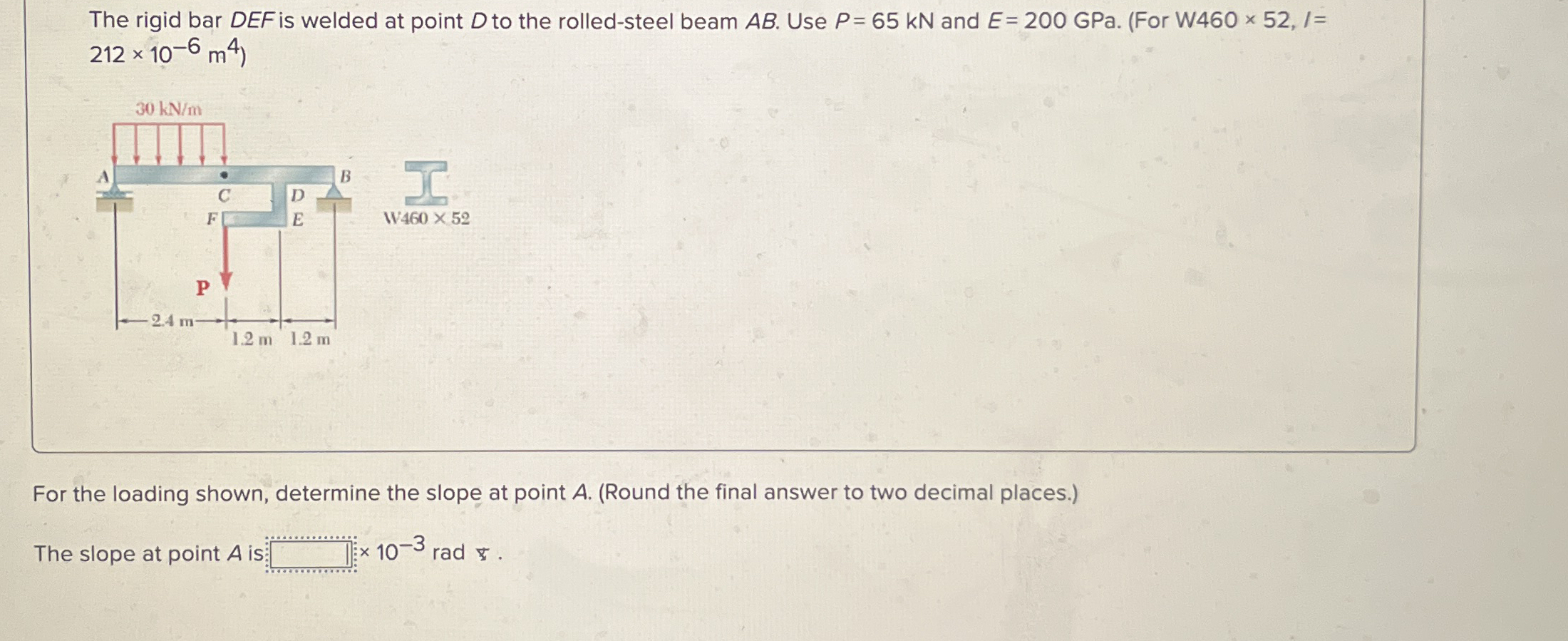 The rigid bar DEF is welded at point D to the