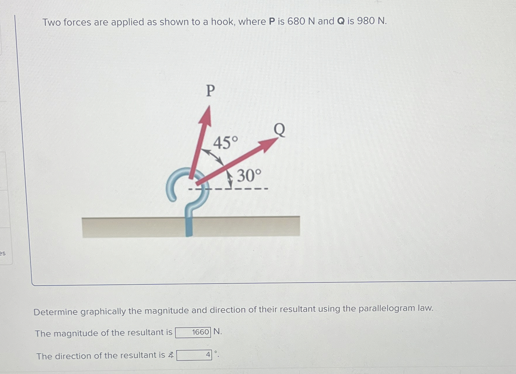Two forces are applied as shown to a hook, where