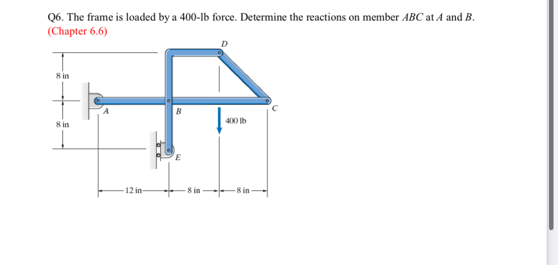 Q 6 . The frame is loaded by a 4 0 0 - lb force.
