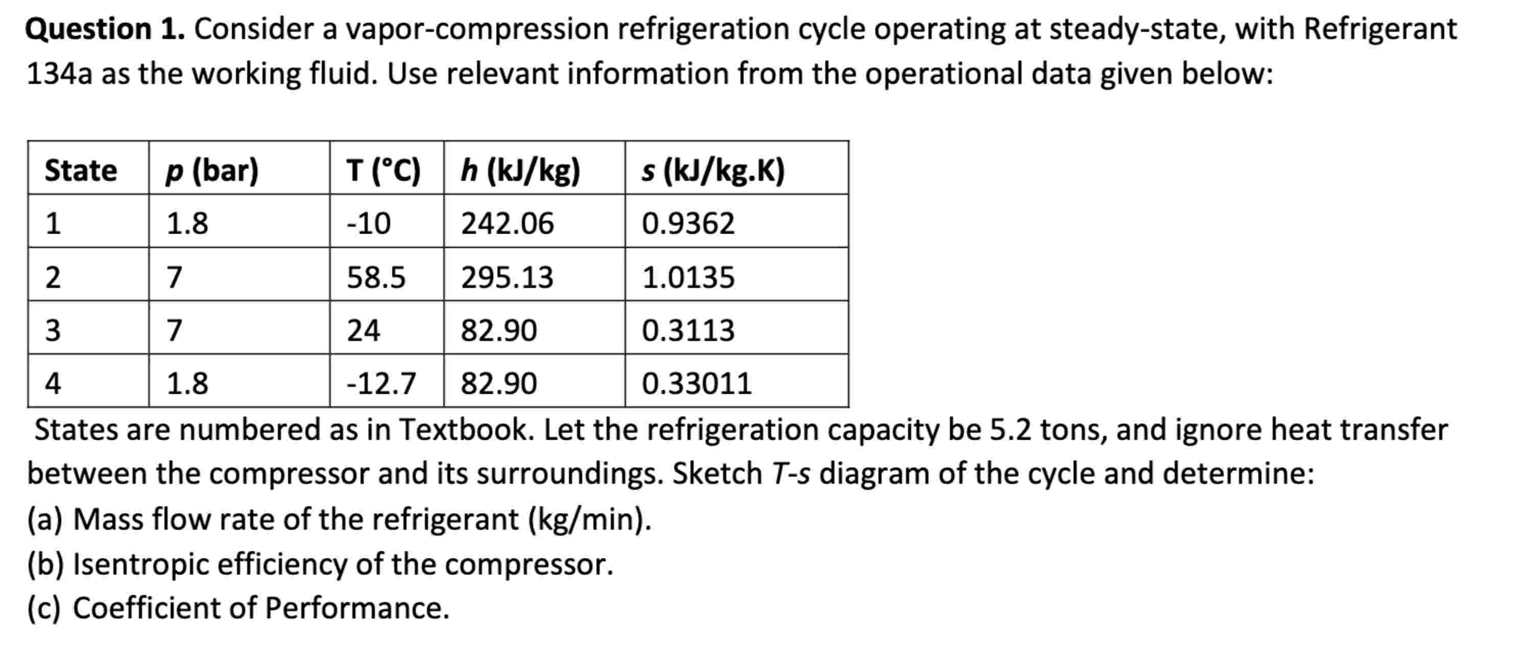 Question 1 . Consider a vapor - compression