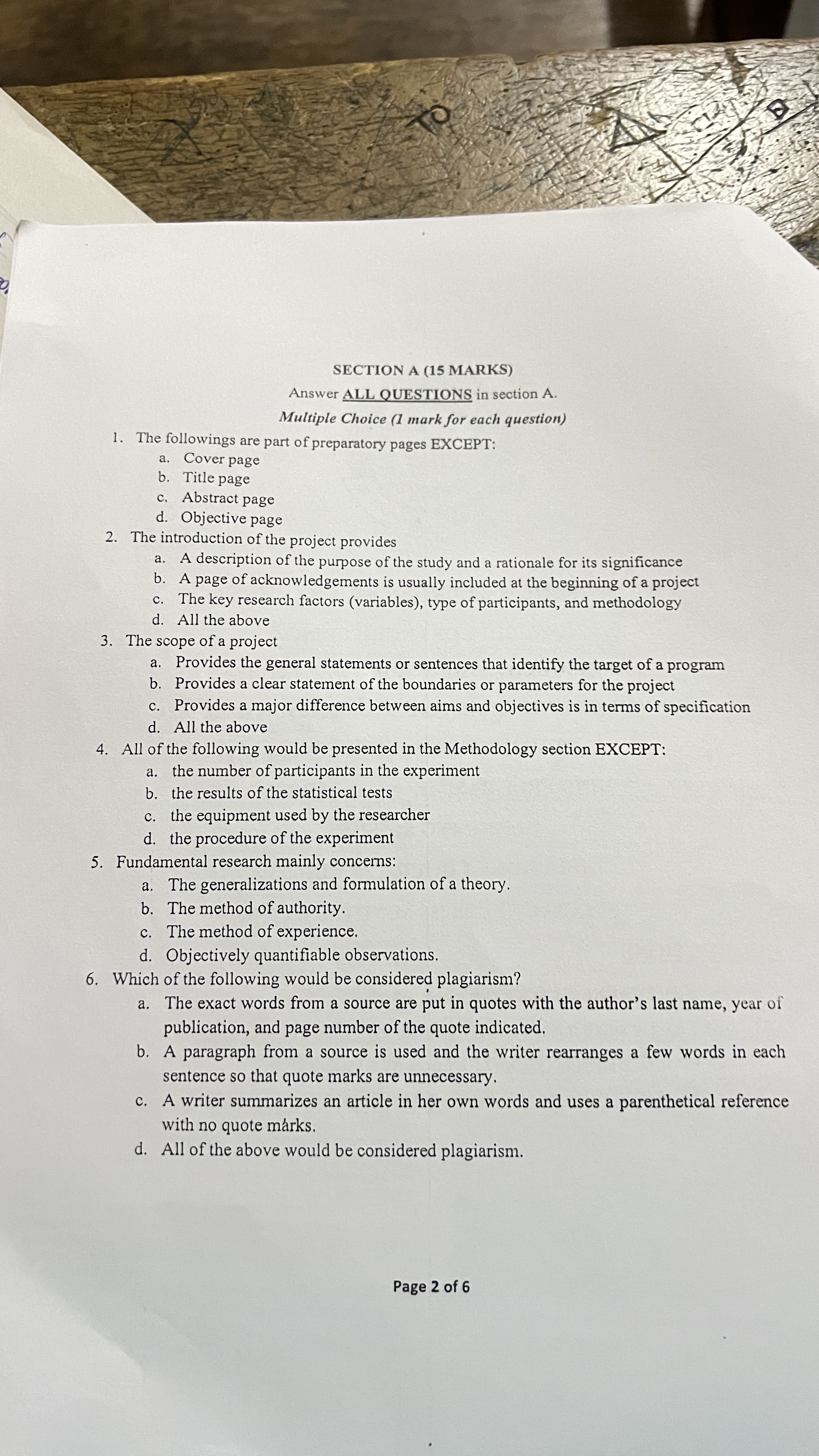 SECTION A ( 1 5 MARKS ) Answer ALL QUESTIONS in