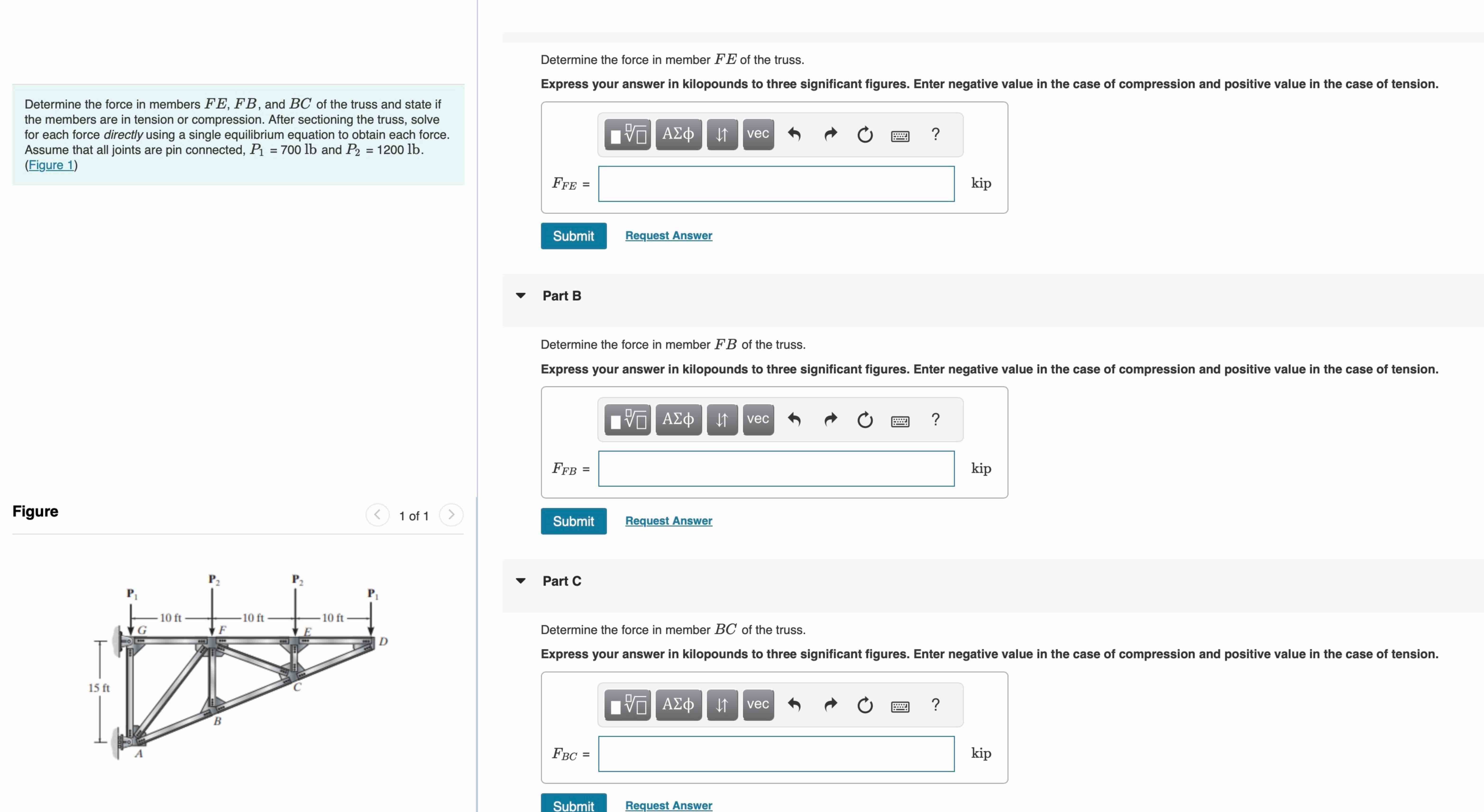 Determine the force in member \ ( F E \ ) of the