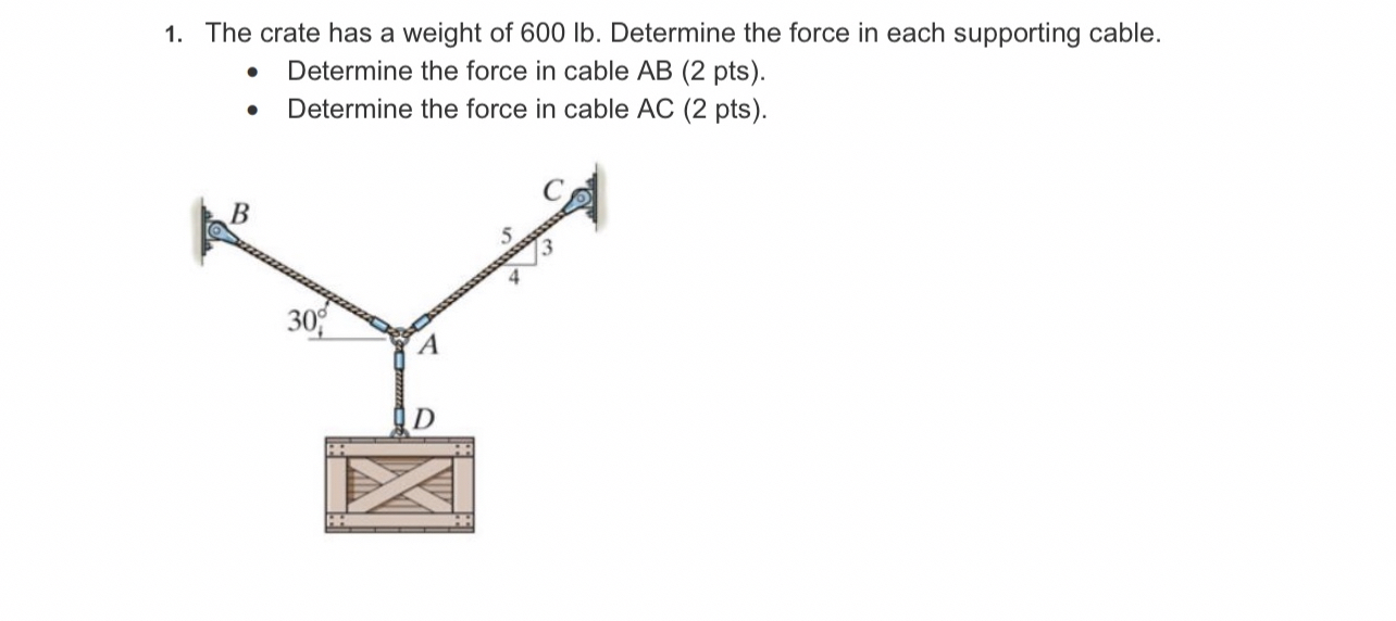 The crate has a weight of 6 0 0 lb . Determine