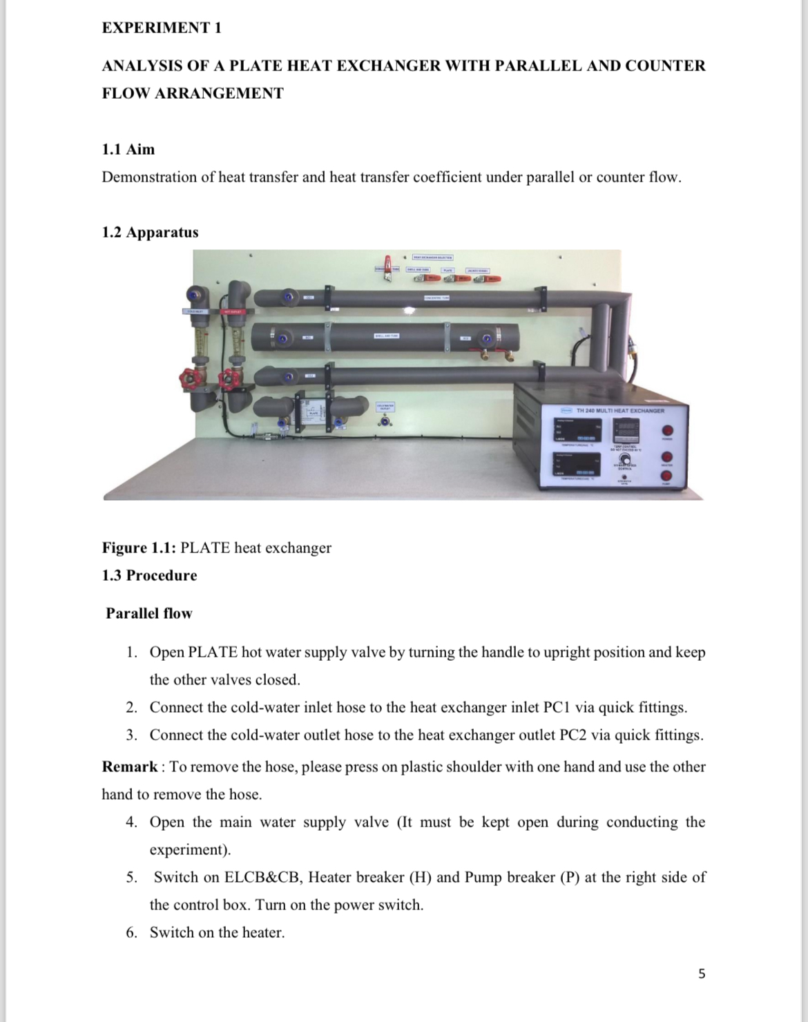 EXPERIMENT 1 ANALYSIS OF A PLATE HEAT EXCHANGER