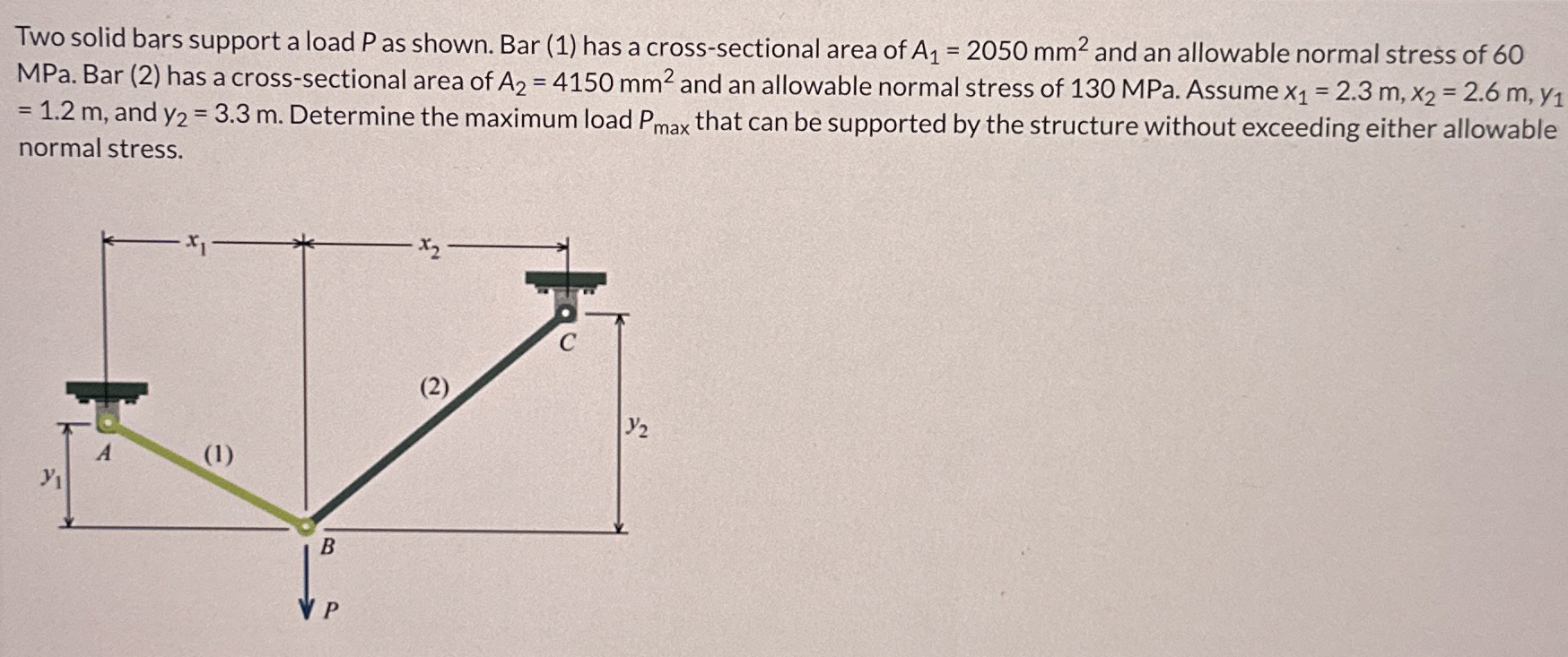 Two solid bars support a load P as shown. Bar ( 1