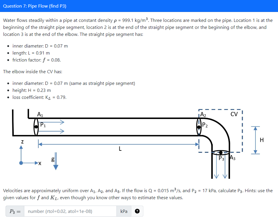 Question 7 : Pipe Flow ( find P 3 ) Water flows