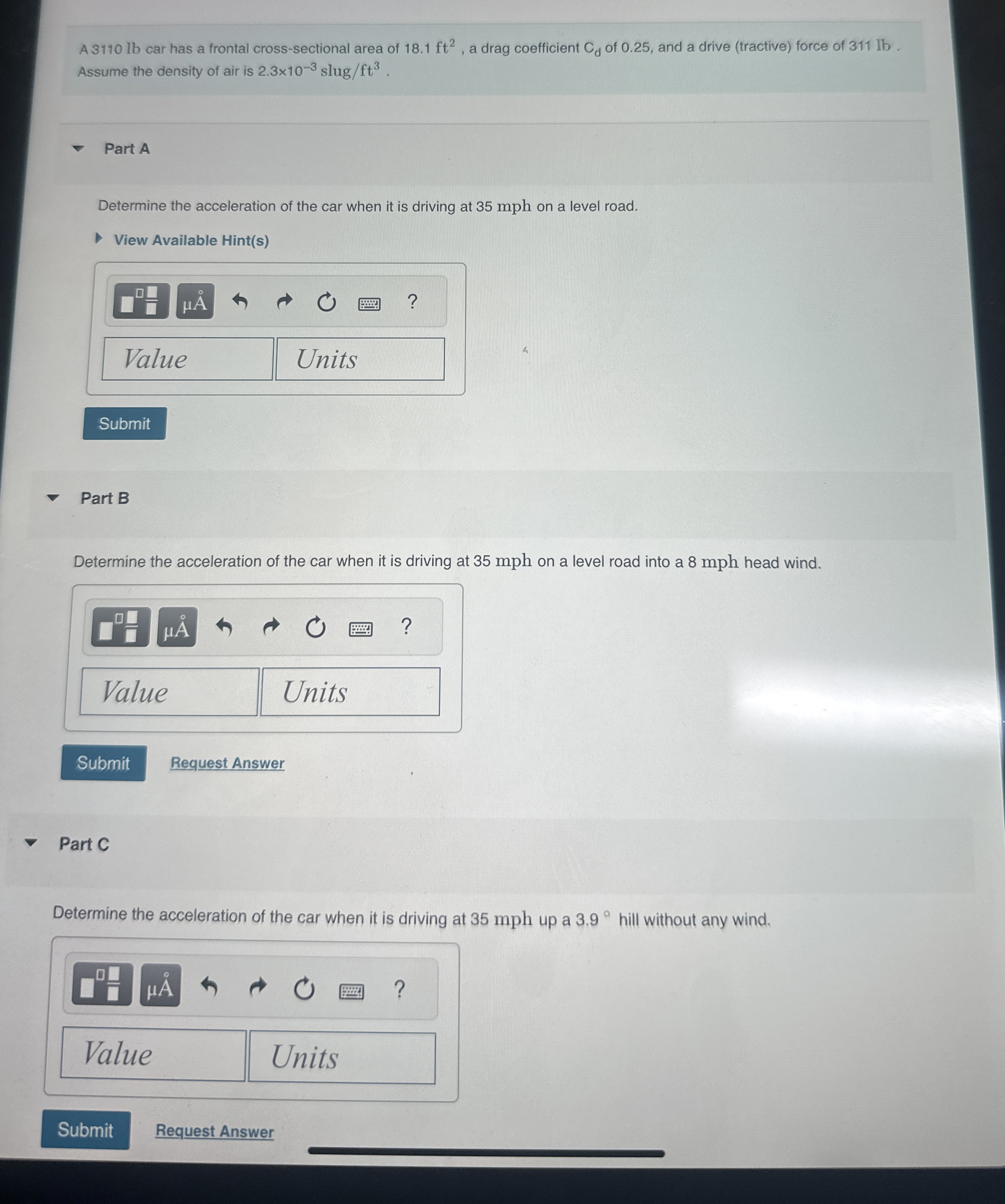 A 3 1 1 0 lb car has a frontal cross - sectional