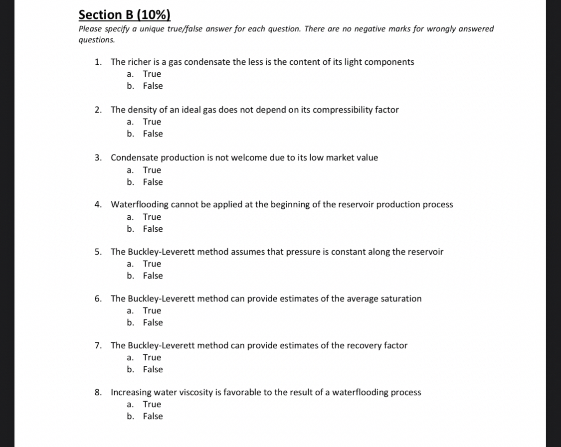 Section B ( 1 0 % ) Please specify a unique true