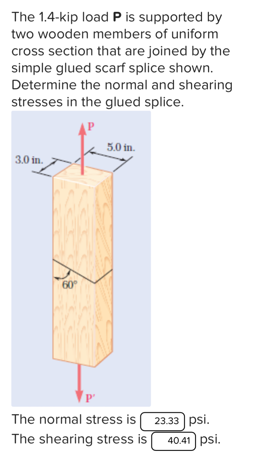 The 1 . 4 - kip load P is supported by two wooden